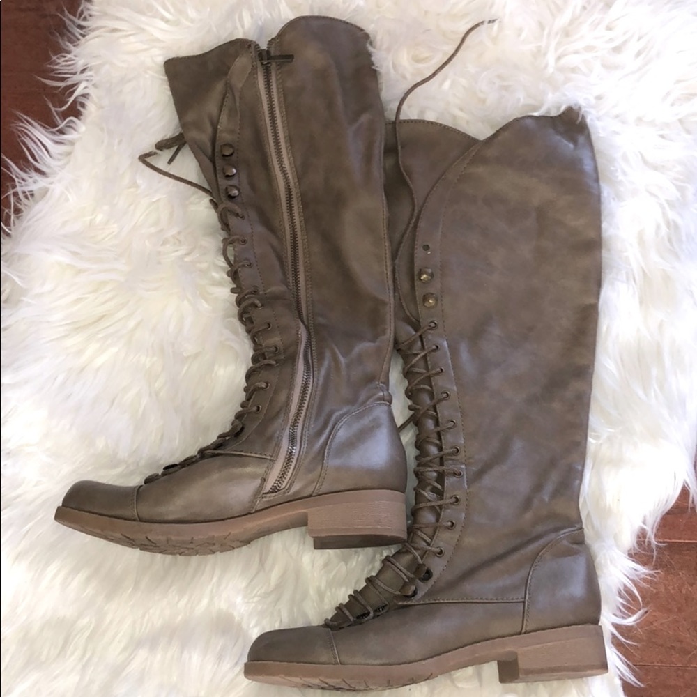 Bamboo Taupe Faux Leather Combat Lace Up Boots 7